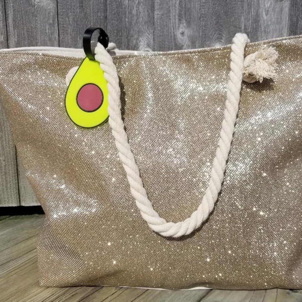 Sparkle Burlap Tote With Avocado Luggage Tag